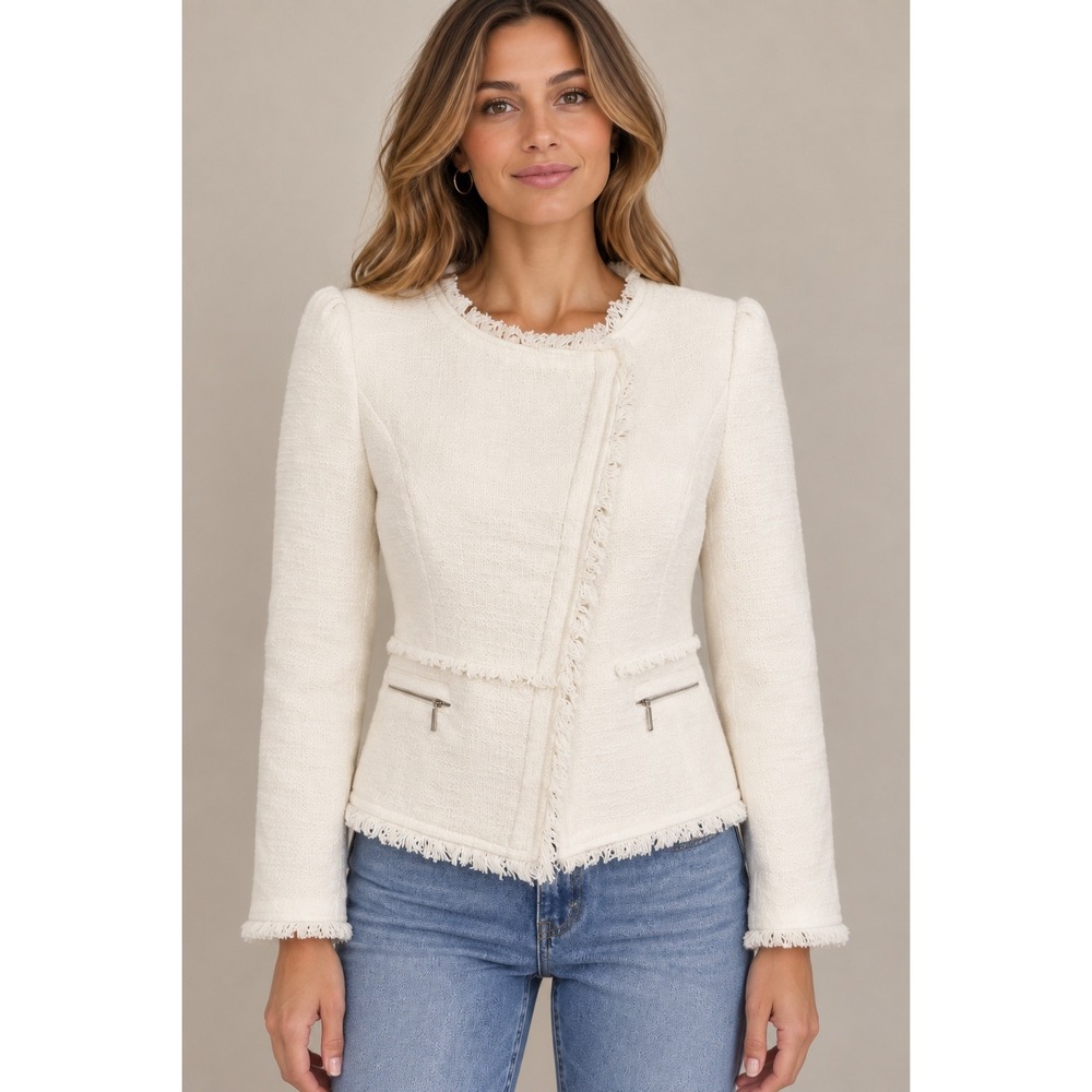 White House Black Market Tweed Fringe Asymmetric Jacket White Size 4